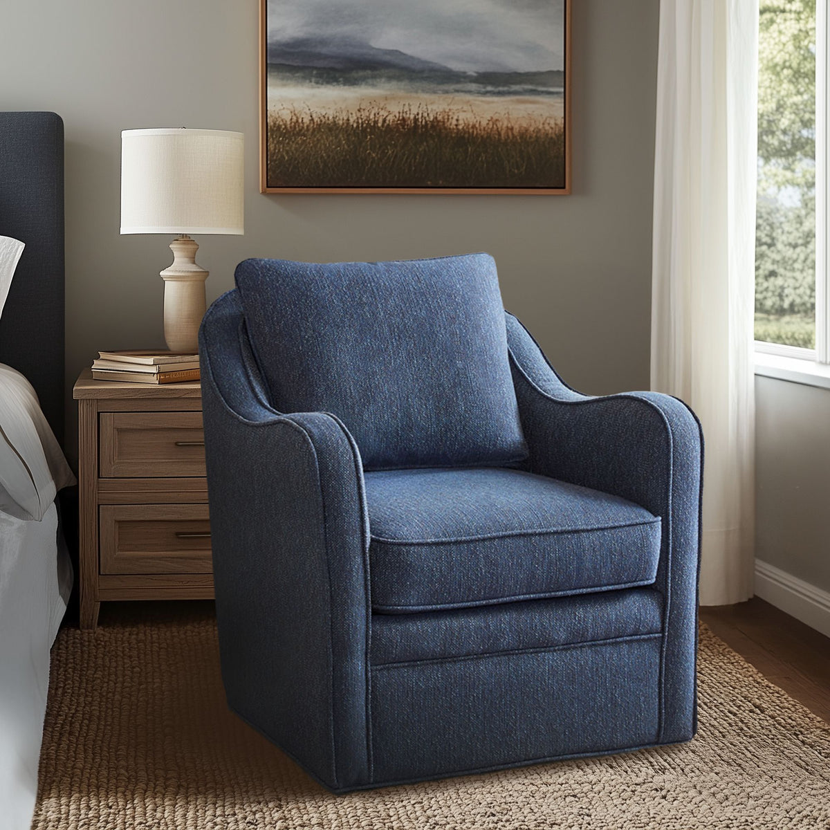 Brianne Upholstered Swivel Curved Armchair - Navy