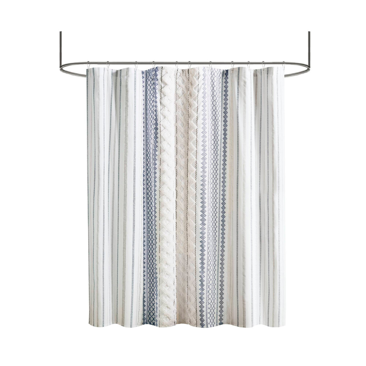 Imani Cotton Printed Shower Curtain with Chenille - White/Navy