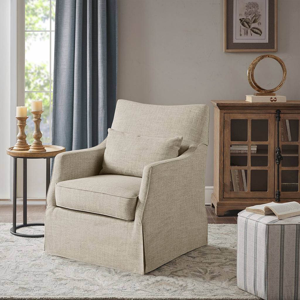 London Upholstered Skirted Swivel Armchair with Lumbar Pillow - Beige Multi