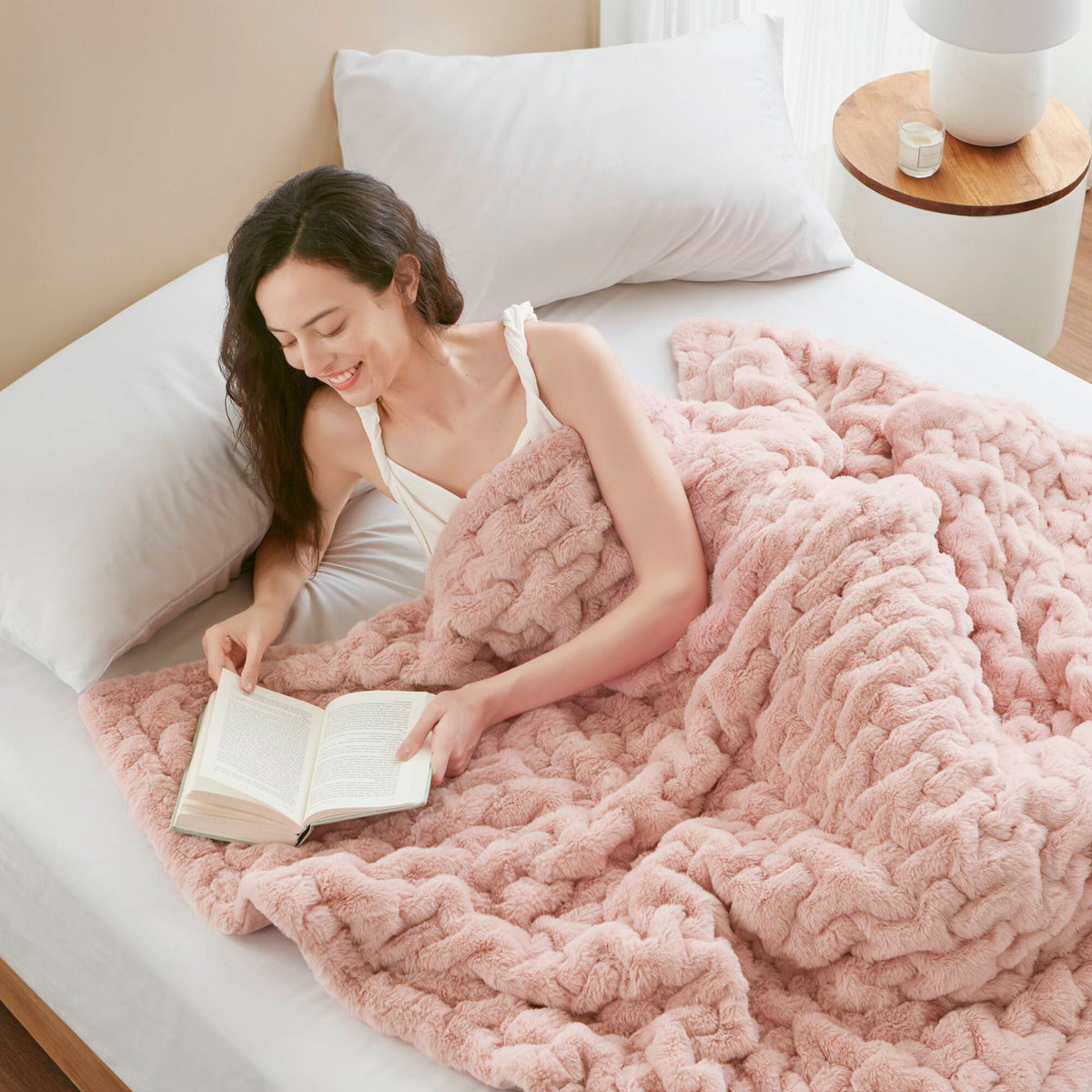 Ruched Fur Throw - Blush
