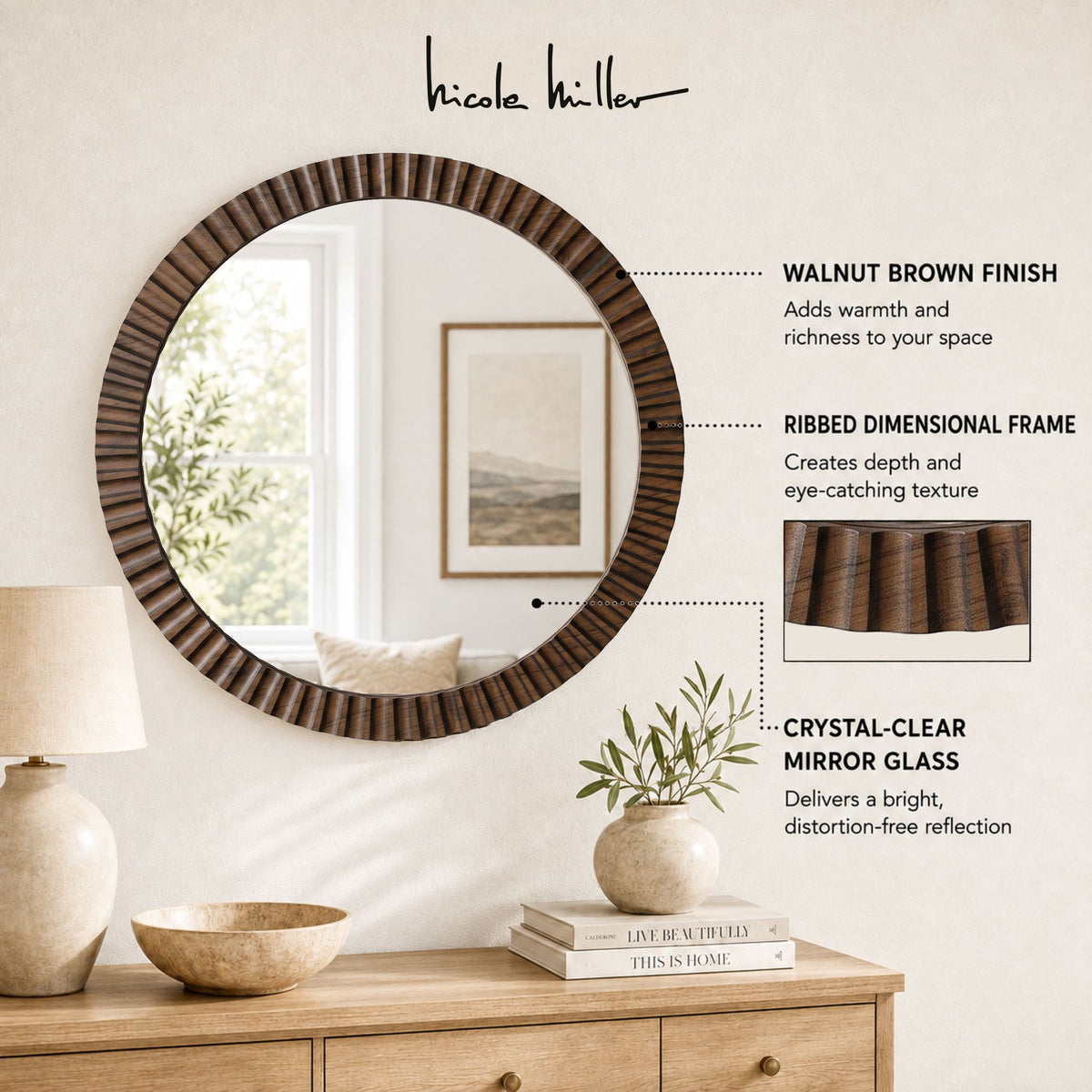 Simone Fluted Wall Mirror - Walnut Brown