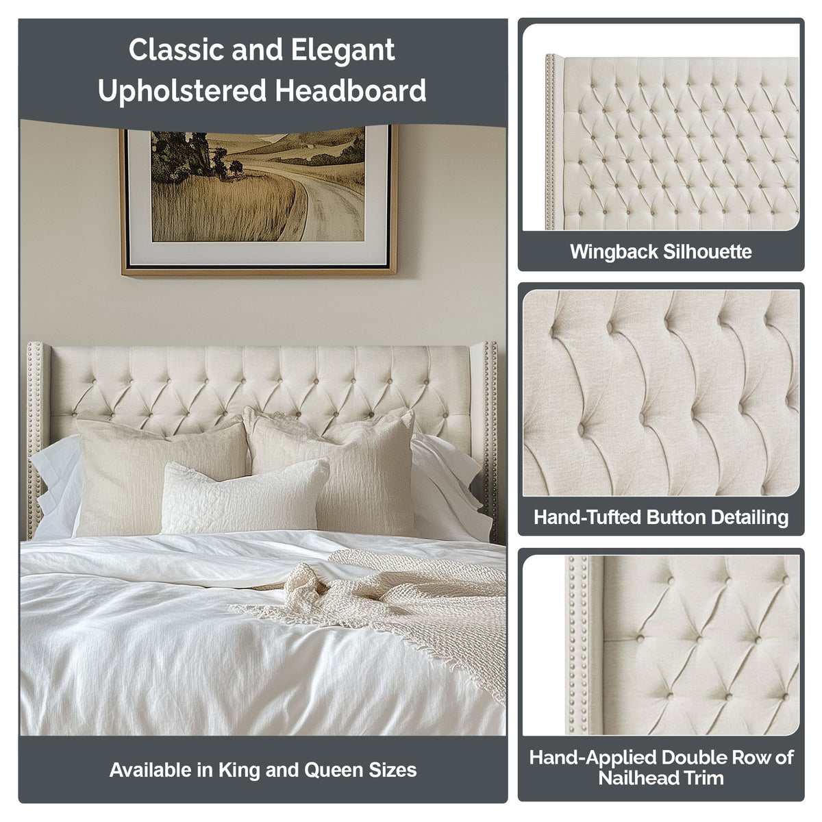 Amelia Upholstered Wingback Headboard with Button Tufting & Nailhead Trim - Black Velvet