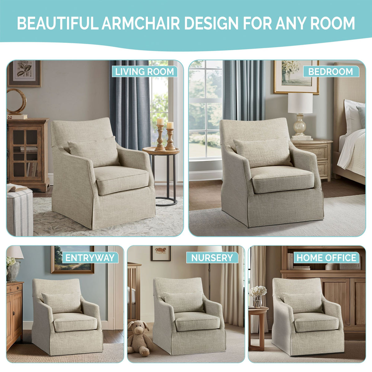 London Upholstered Skirted Swivel Armchair with Lumbar Pillow - Light Green