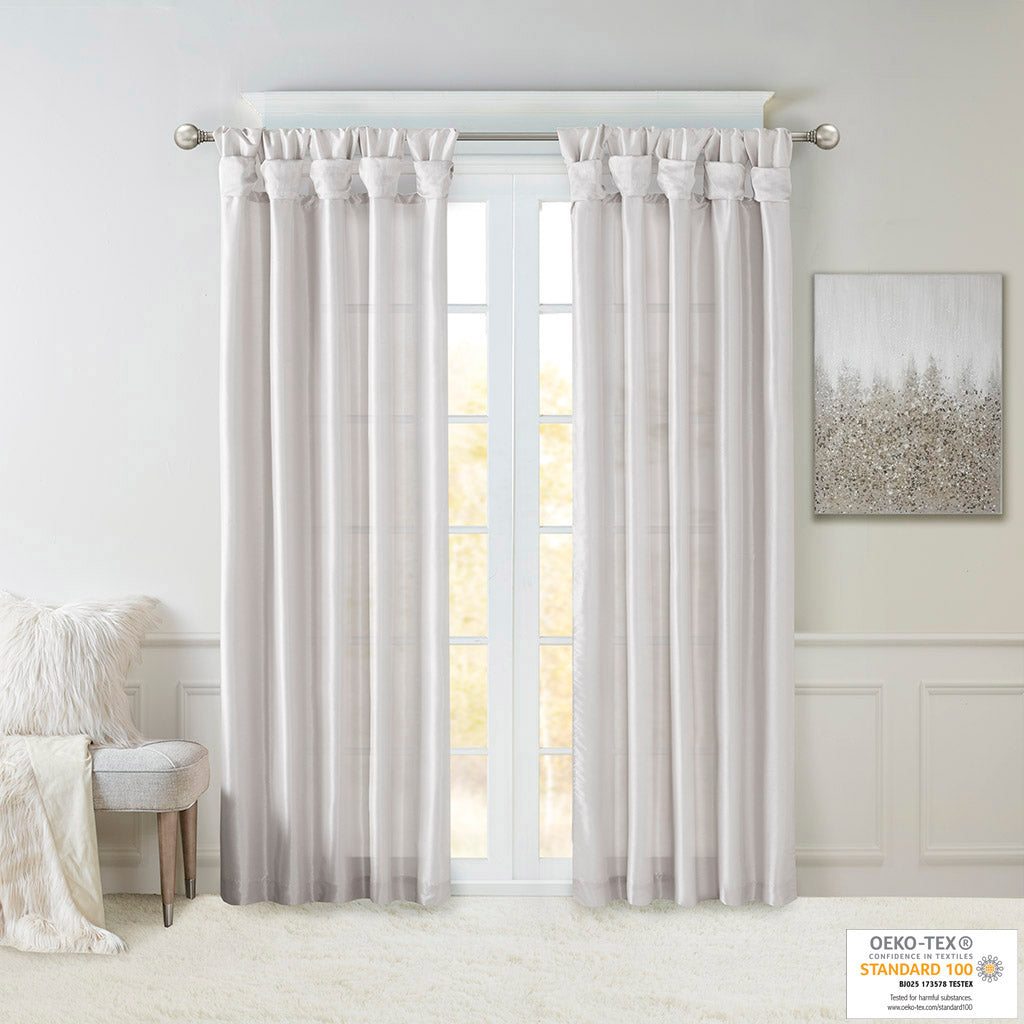 Emilia 100% Polyester Solid Faux Silk Lined Twist Tab Window Curtain - Silver