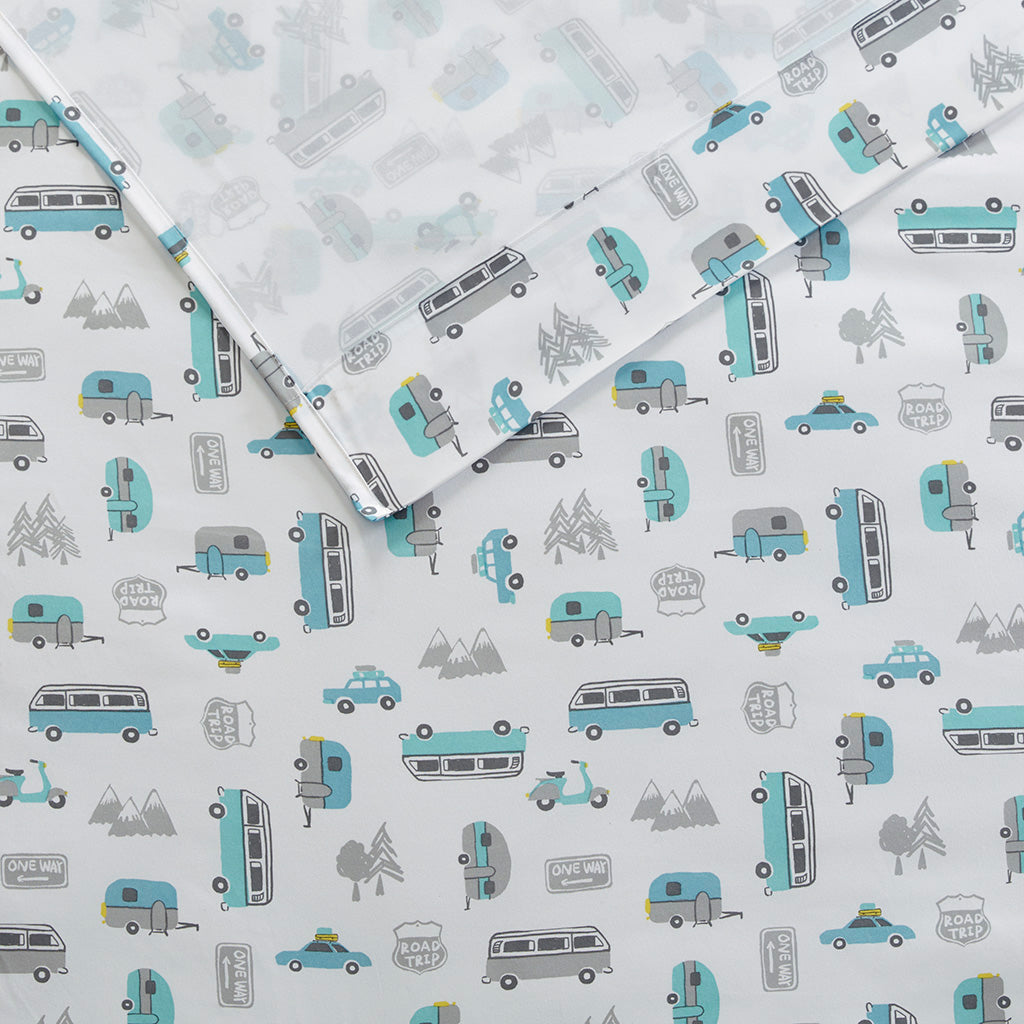 Novelty Printed Sheet Set - Grey/Blue Road Trip