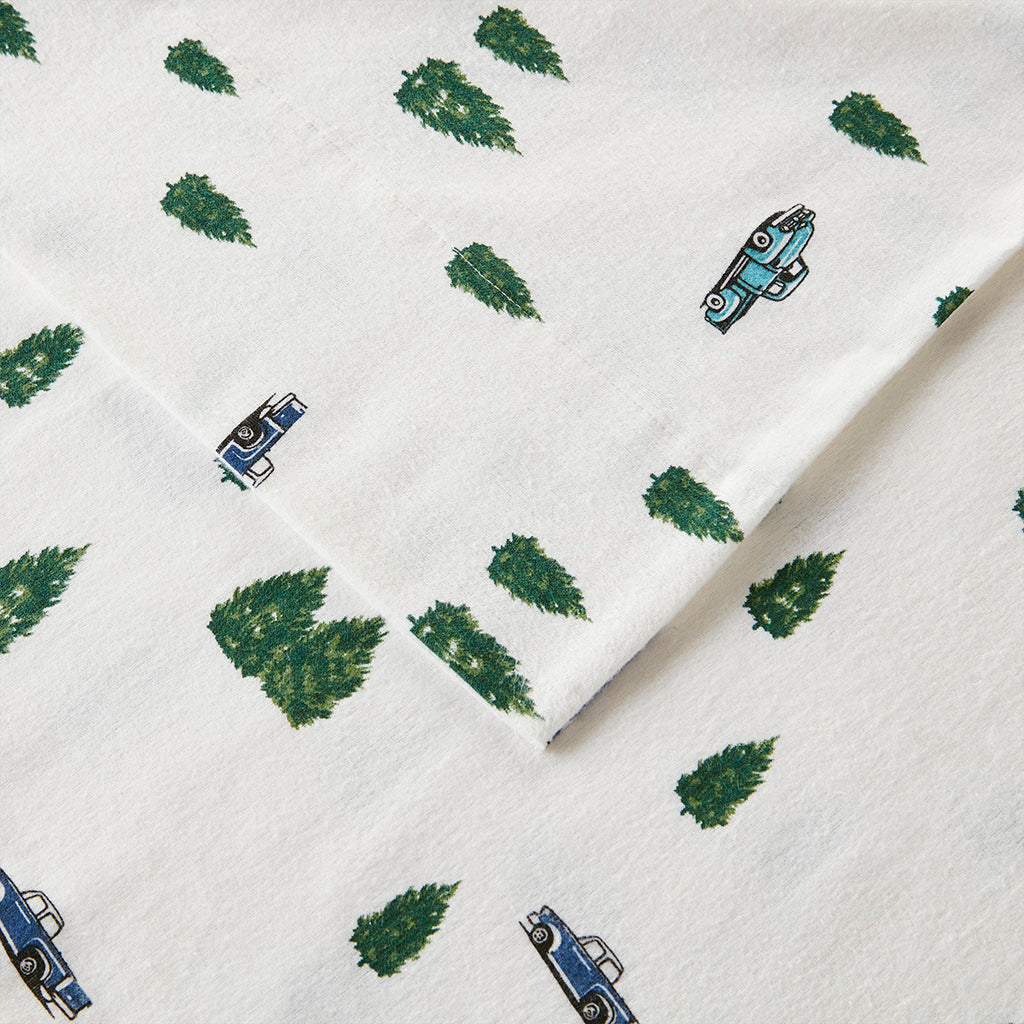 Cotton Flannel Sheet Set - Green Trees & Trucks