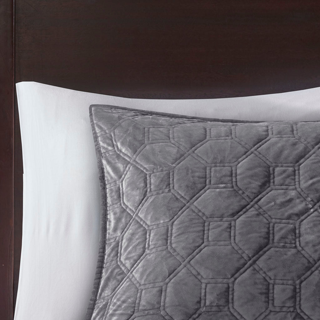 Harper 3 Piece Velvet Quilt Set - Grey