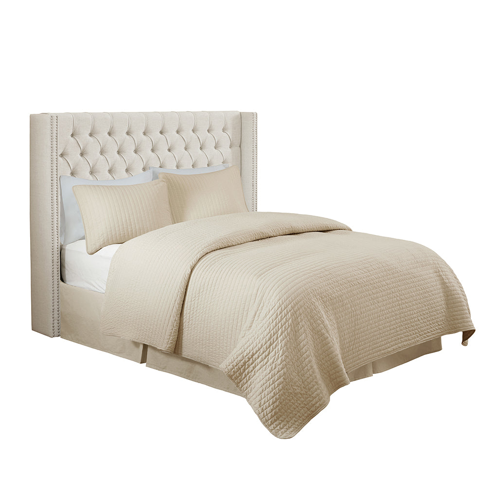Amelia Upholstered Wingback Headboard with Button Tufting & Nailhead Trim - Cream