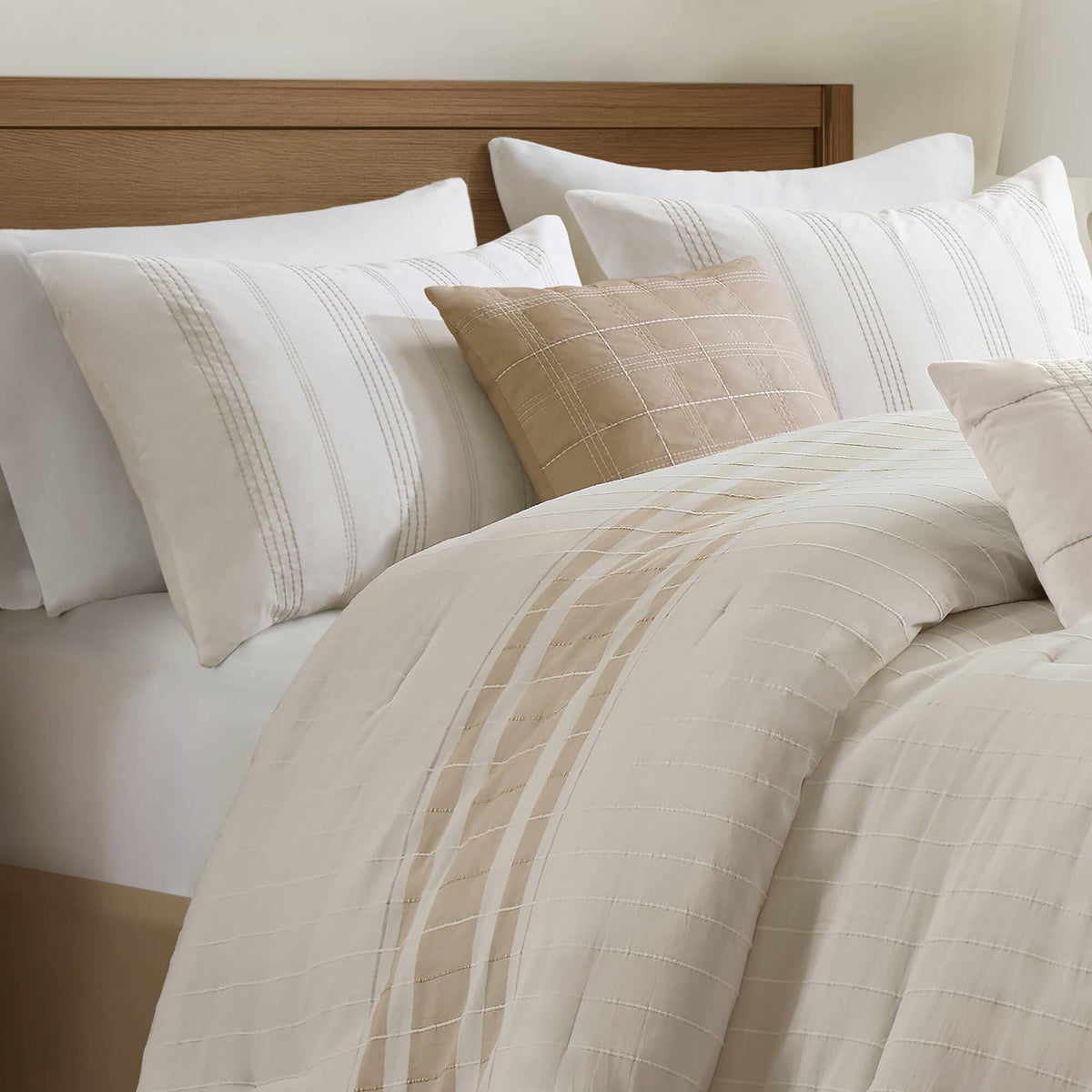 Morgan 6 Piece Cotton Jacquard Oversized Comforter Set - Ivory/Taupe