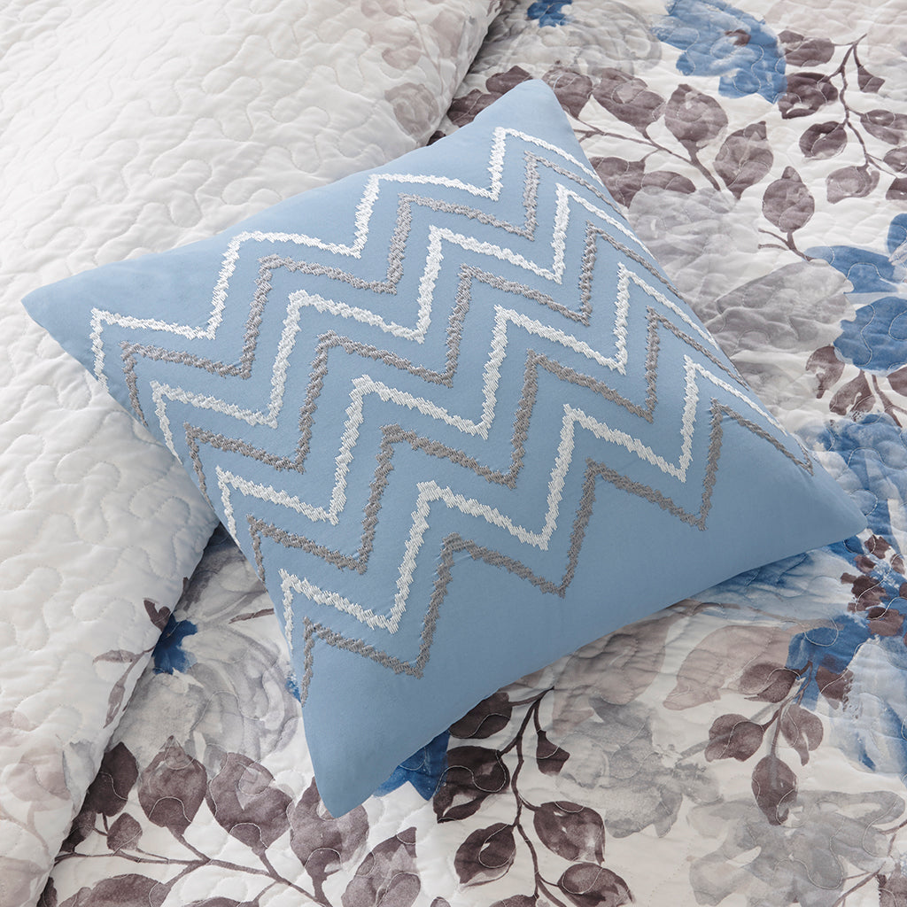 Luna 6 Piece Printed Quilt Set with Throw Pillows - Blue