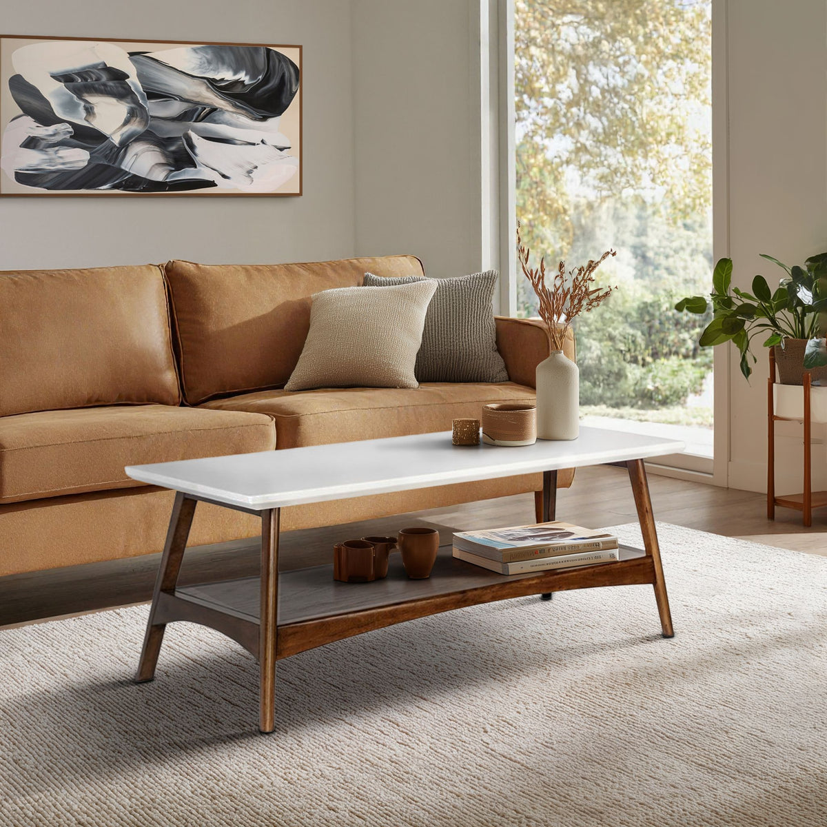 Parker Mid-century Coffee Table with Storage Shelf - Off-White/Pecan