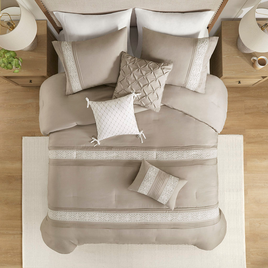 Lacey 7 Piece Lace Trim Comforter Set with Throw Pillows - Taupe