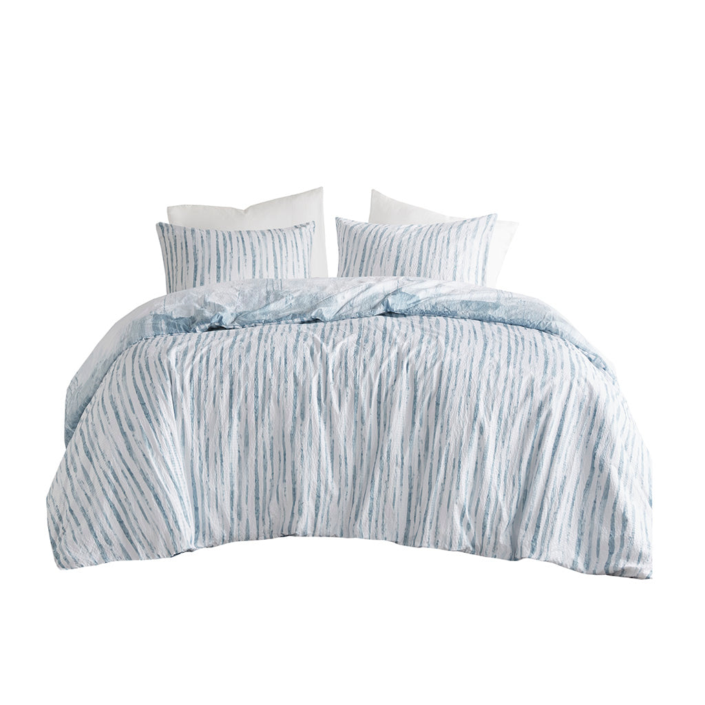 Brush Stroke 3 Piece Oversized Reversible Seersucker Duvet Cover Mini Set - Blue