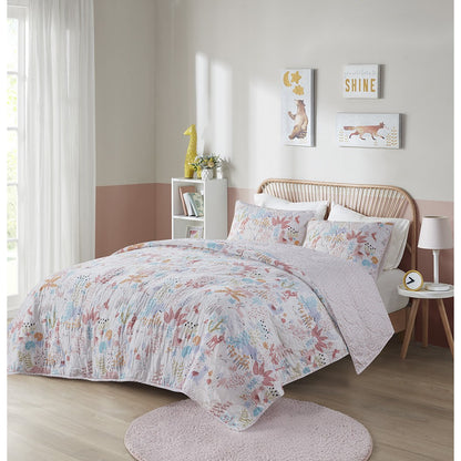 Iris Woodland Animals Reversible Cotton Quilt Set - Blush