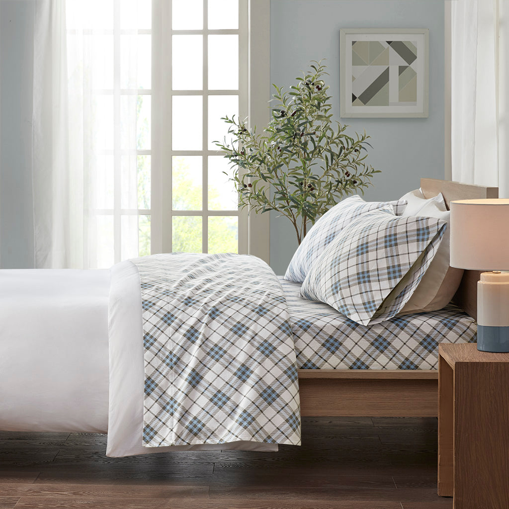 Cozy Cotton Flannel Printed Sheet Set - Blue Plaid