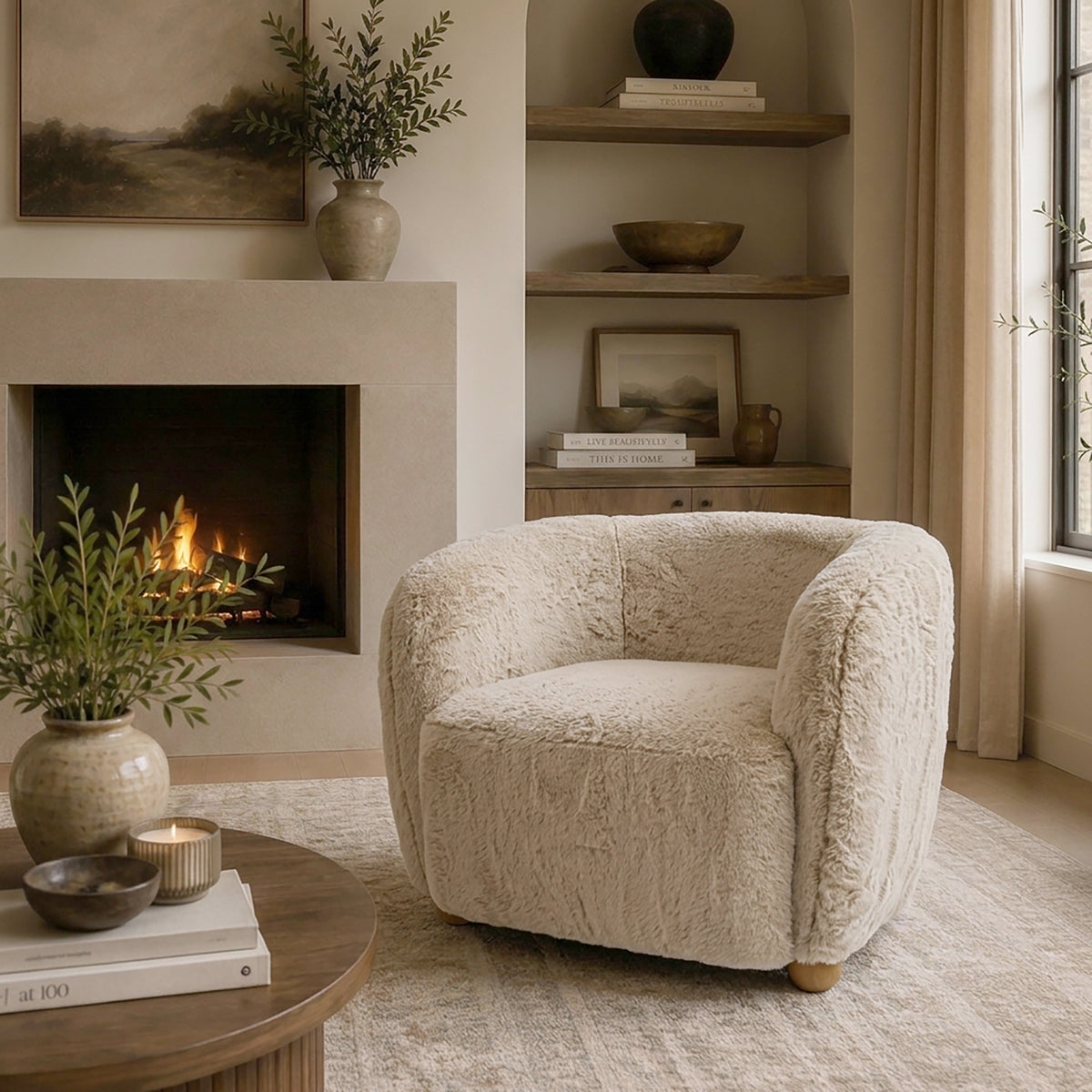 Merlow Faux Fur Barrel Accent Chair - Ivory