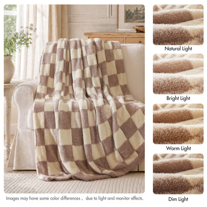 Checkerboard Feathersoft Fur Knit Throw - Brown