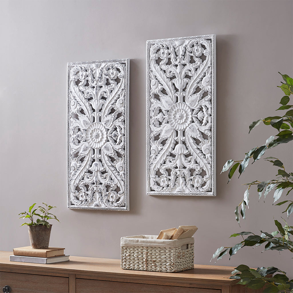 Botanical Panel Distressed Carved Wood 2-piece Wall Decor Set - White