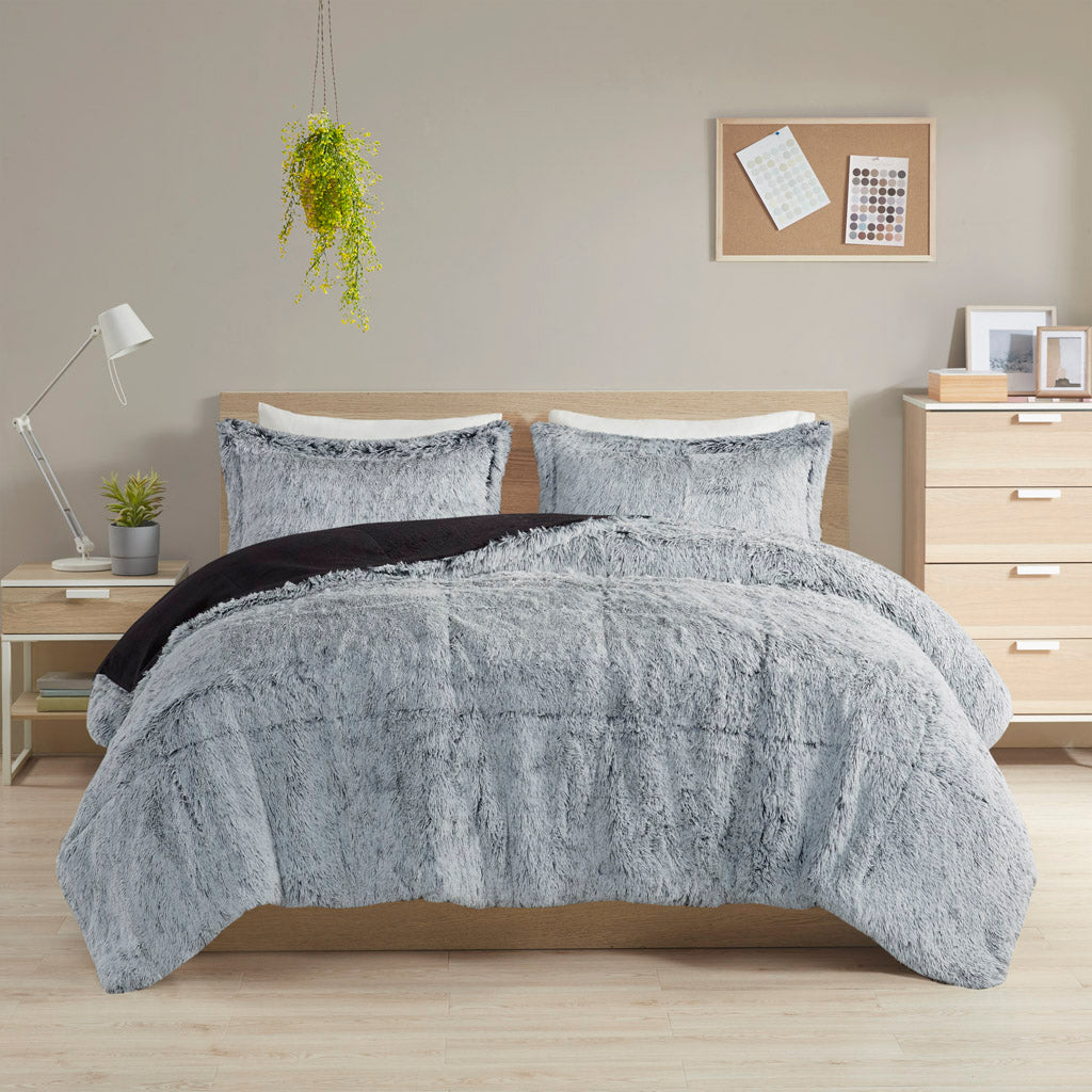 Malea Shaggy Faux Fur Comforter Mini Set - Black/White