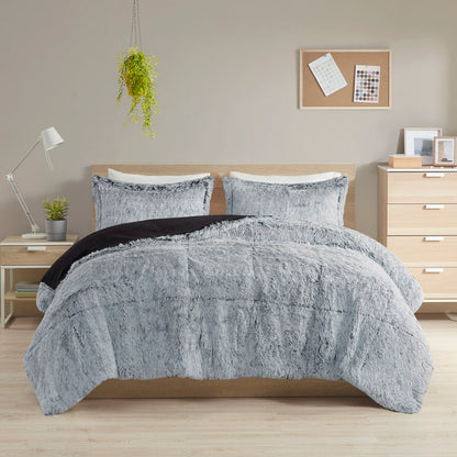 Malea Shaggy Faux Fur Comforter Mini Set - Black/White