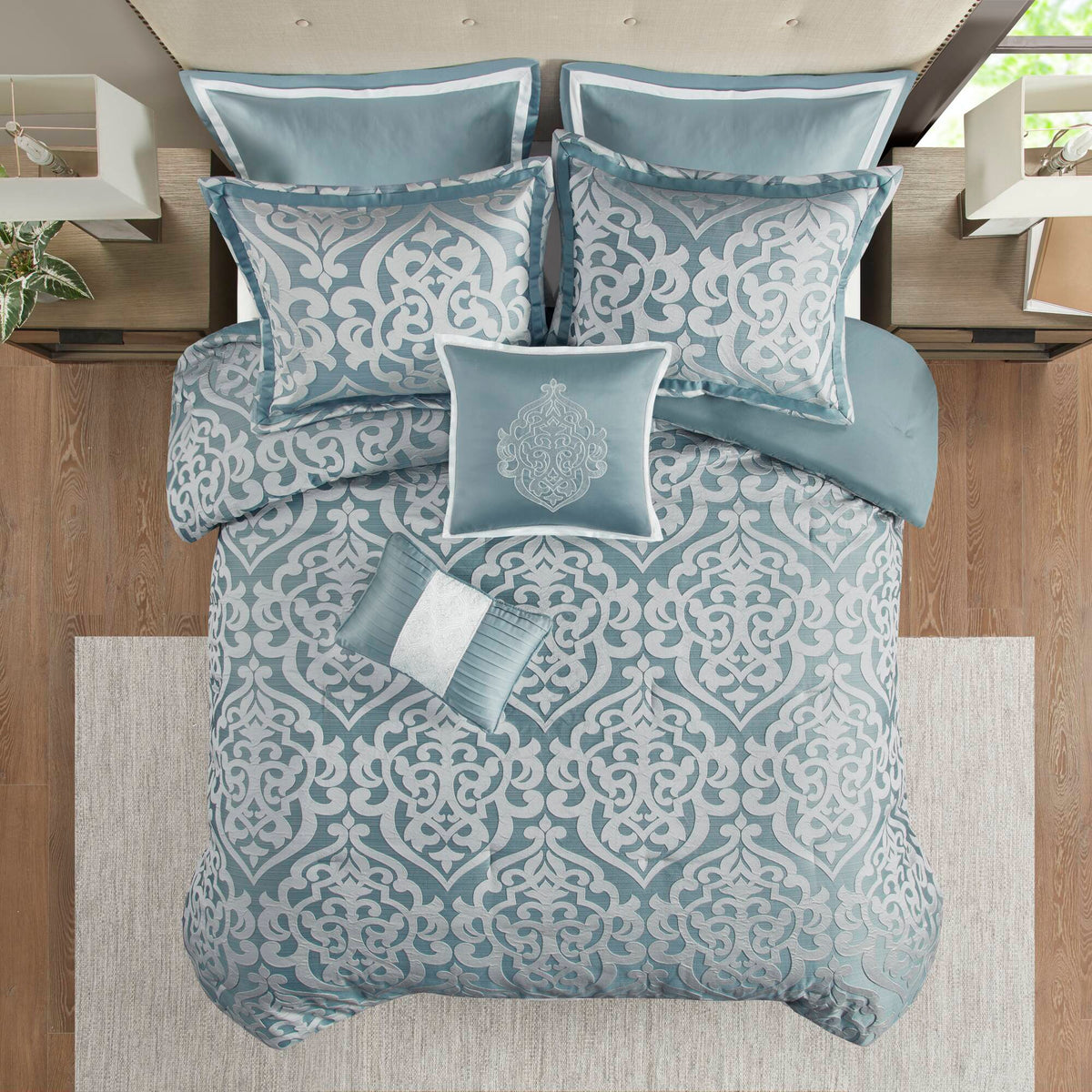 Odette 8 Piece Jacquard Comforter Set - Aqua/Silver