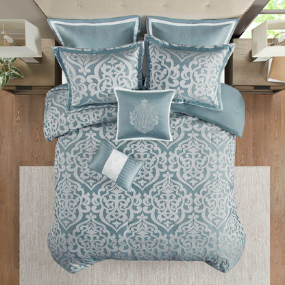 Odette 8 Piece Jacquard Comforter Set - Aqua/Silver