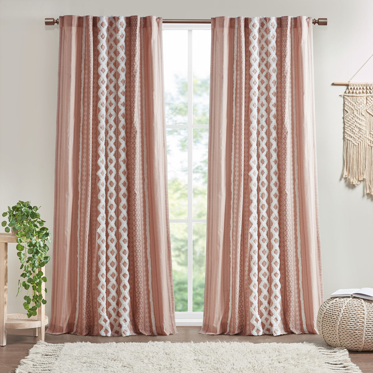 Imani Cotton Printed Curtain Panel with Chenille Stripe and Lining - Blush