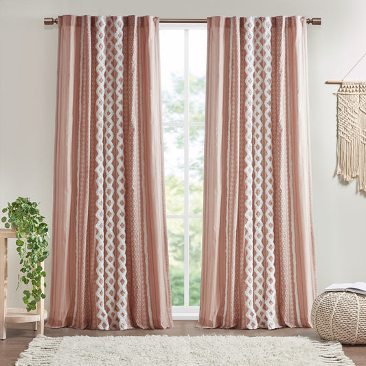 Imani Cotton Printed Curtain Panel with Chenille Stripe and Lining - Blush