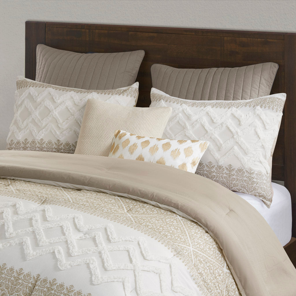 Mila 3 Piece Cotton Comforter Set with Chenille Tufting - Taupe