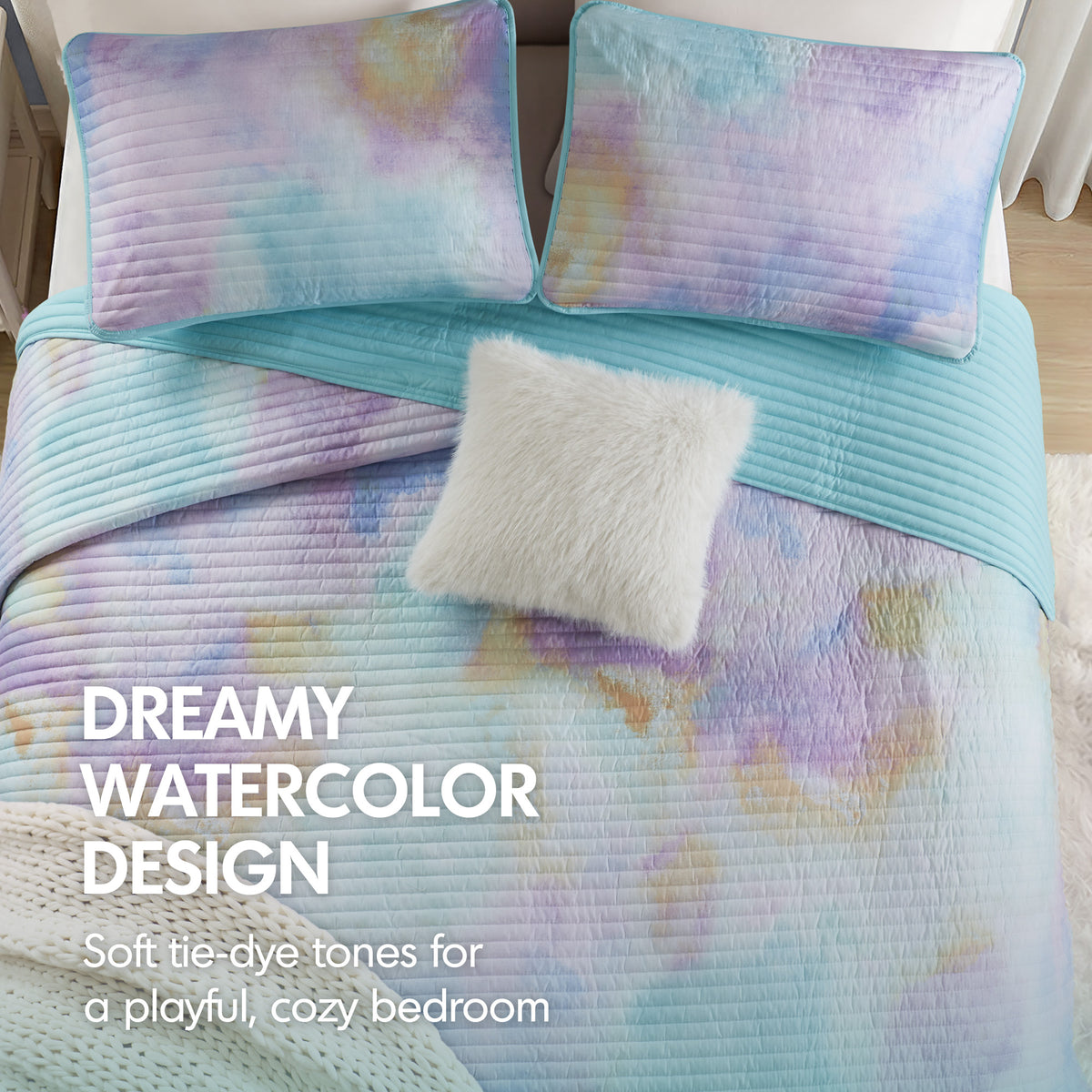 Cassiopeia Watercolor Tie Dye Printed Quilt Set with Throw Pillow - Aqua