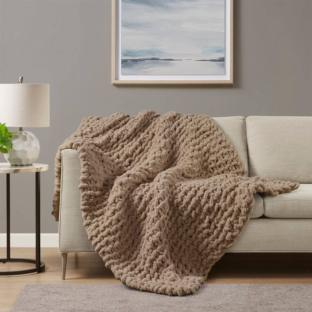 Chenille Chunky Knit Throw - Brown