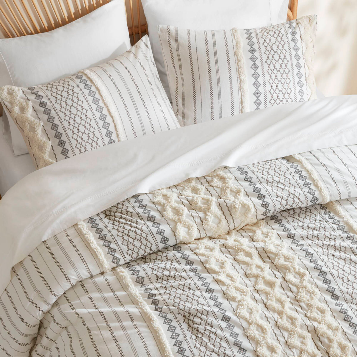 Imani Cotton Printed Comforter Set with Chenille - Ivory