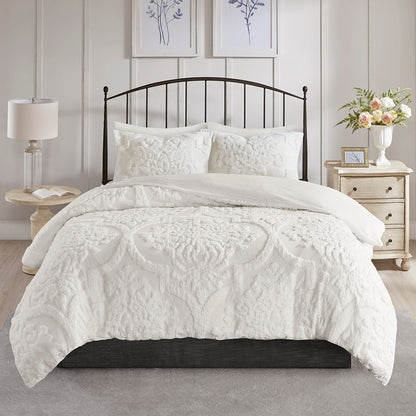 Viola 3 Piece Tufted Cotton Chenille Damask Duvet Cover Set - Off-White
