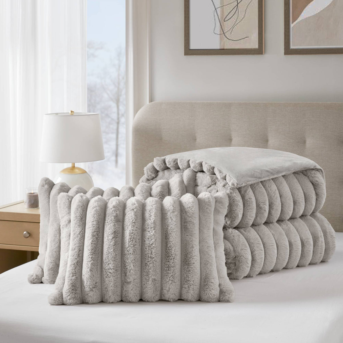 Jasmine 3 Piece Faux Fur Comforter Set - Light Gray
