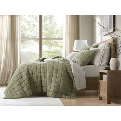 French Flax Linen Garment Washed Quilt Set - Olive Green