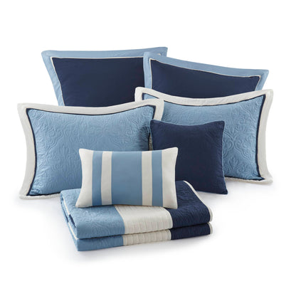 Attingham 7 Piece Quilt Set with Euro Shams and Throw Pillows - Blue/Navy