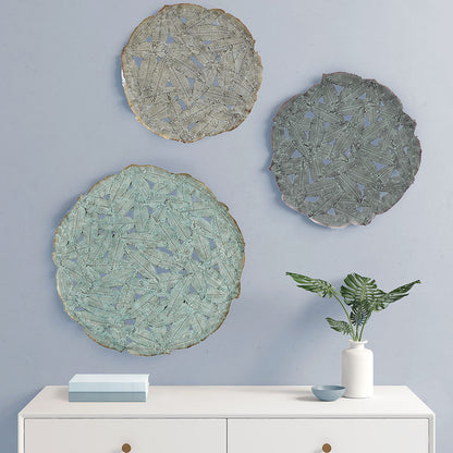 Rossi Textured Feather 3-piece Metal Disc Wall Decor Set - Blue