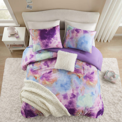 Cassiopeia Watercolor Tie Dye Printed Comforter Set with Throw Pillow - Lavender