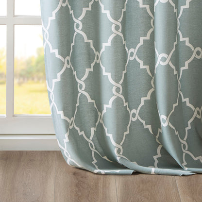 Saratoga Fretwork Print Grommet Top Window Curtain Panel - Seafoam/White