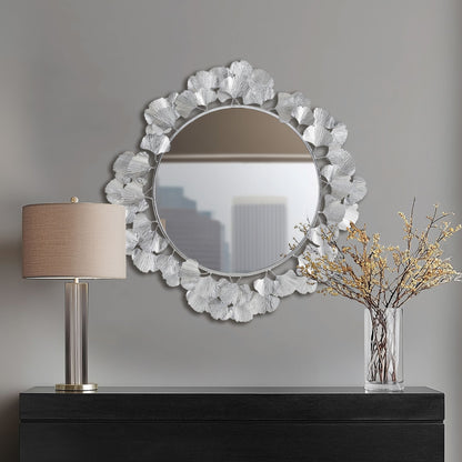 Eden Gingko Leaf Round Wall Mirror 30.5” - Silver