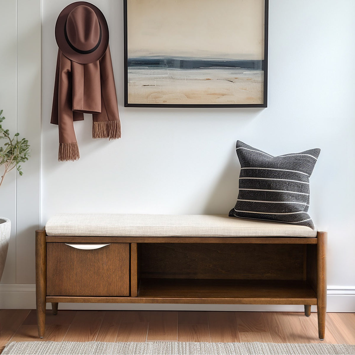 Arcadia Accent Bench with Storage and Upholstered Cushion - Walnut Brown