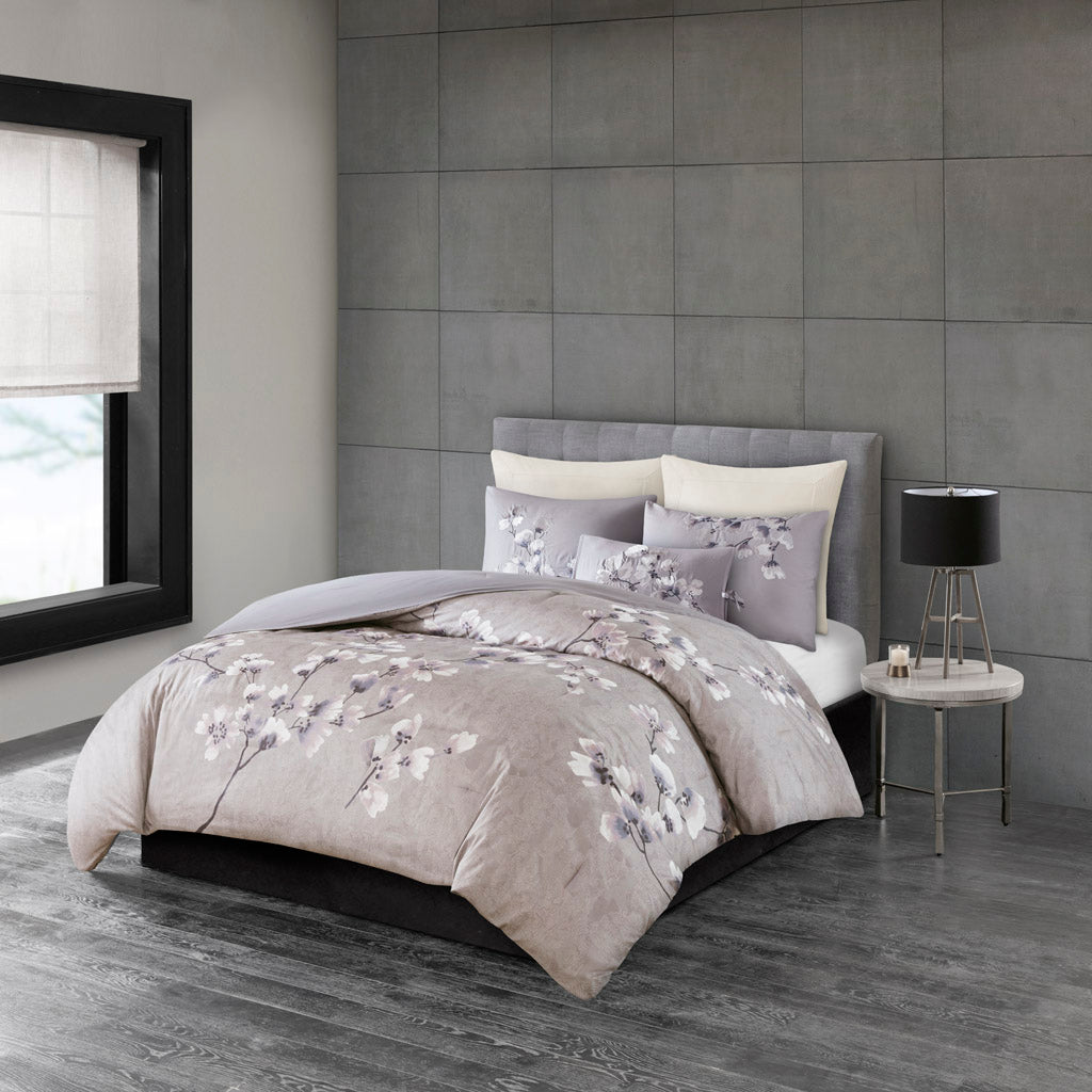 Sakura Blossom 3 Piece Cotton Sateen Printed Comforter Set - Lilac