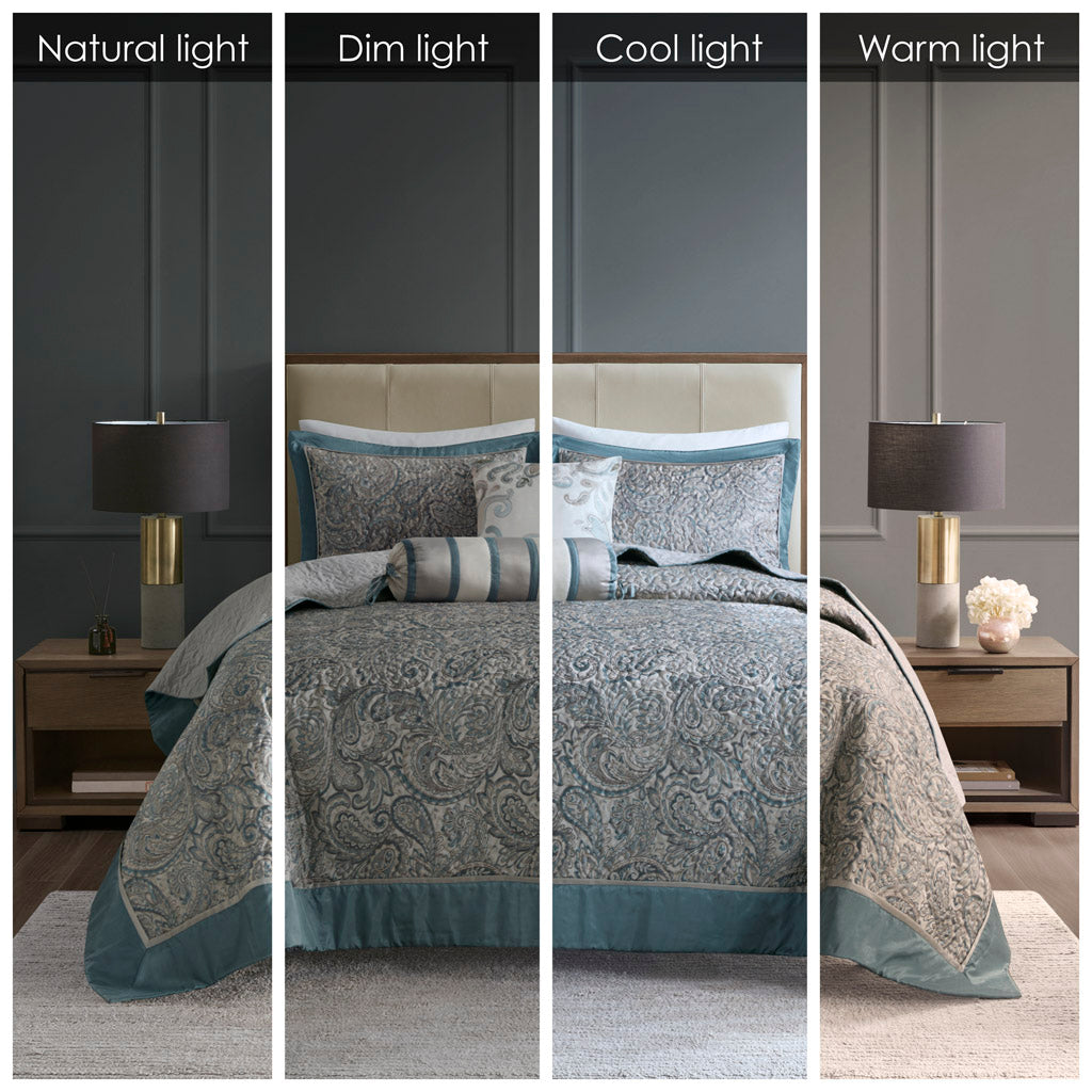 Aubrey 5 Piece Jacquard Bedspread Set with Throw Pillows - Teal