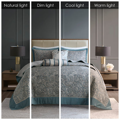 Aubrey 5 Piece Jacquard Bedspread Set with Throw Pillows - Teal