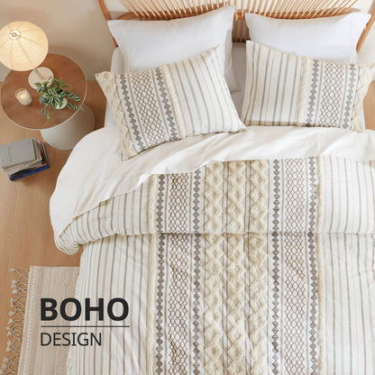 Imani Cotton Printed Comforter Set with Chenille - Ivory