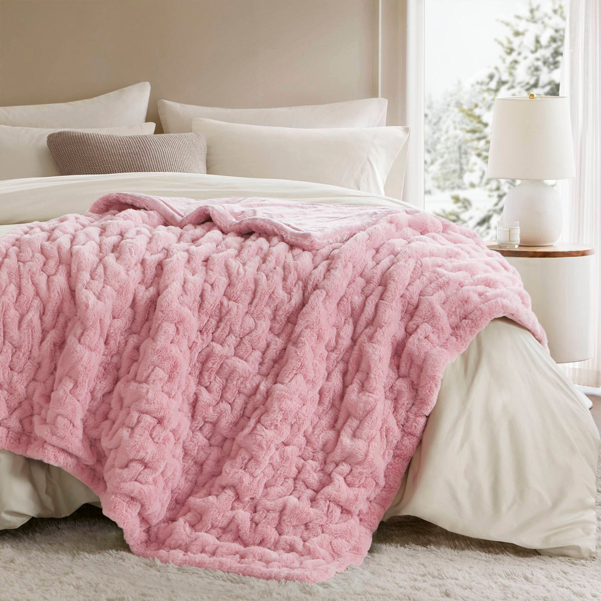 Ruched Fur Throw - Pink