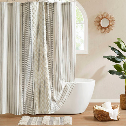 Imani Cotton Printed Shower Curtain with Chenille - Ivory