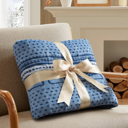 Print Plush to Sherpa Heated Throw - Blue Cozy Sheep