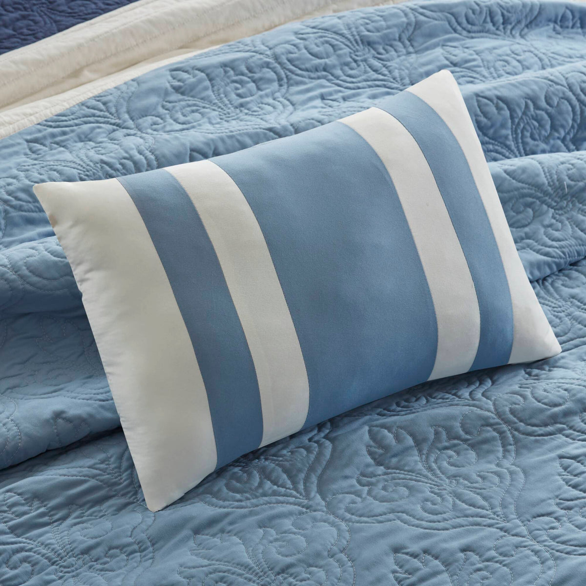 Attingham 7 Piece Quilt Set with Euro Shams and Throw Pillows - Blue/Navy