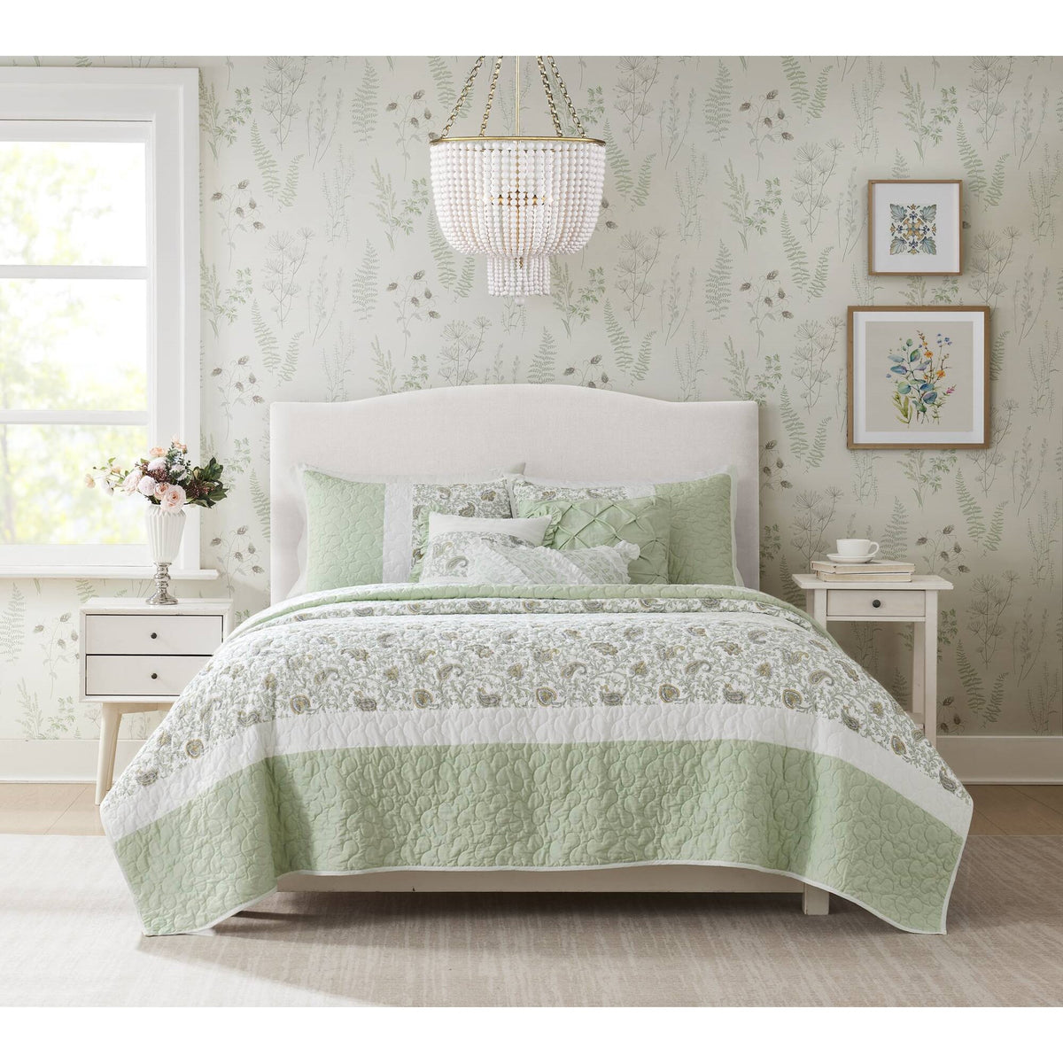 Dawn 6 Piece Cotton Percale Quilt Set with Throw Pillows - Sage Green